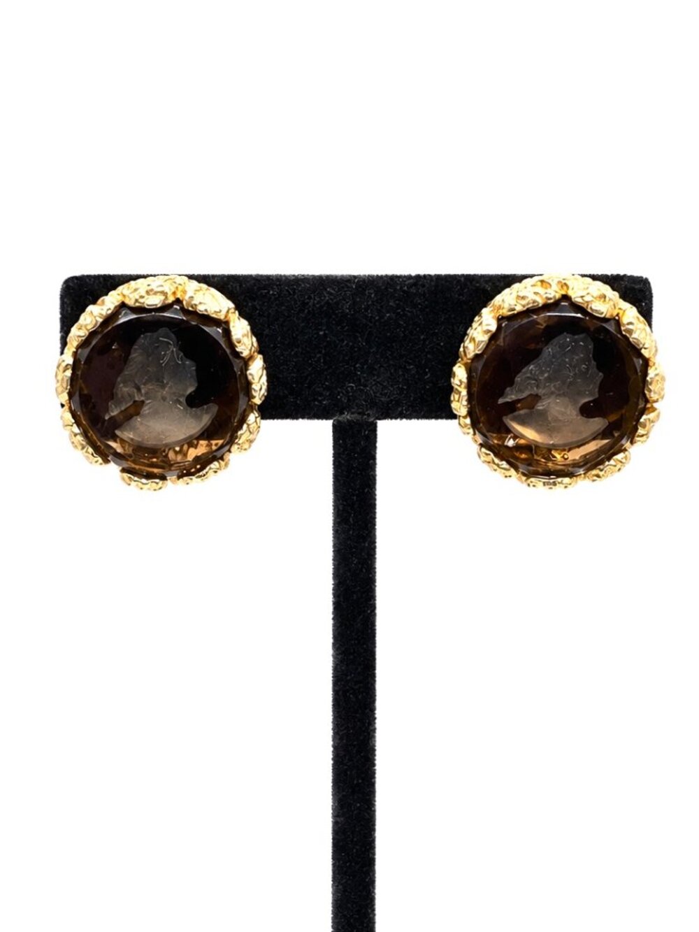 VINTAGE CAMEO EARRINGS Smoky Brown Carved Glass Gold Tone Ornate Clip On